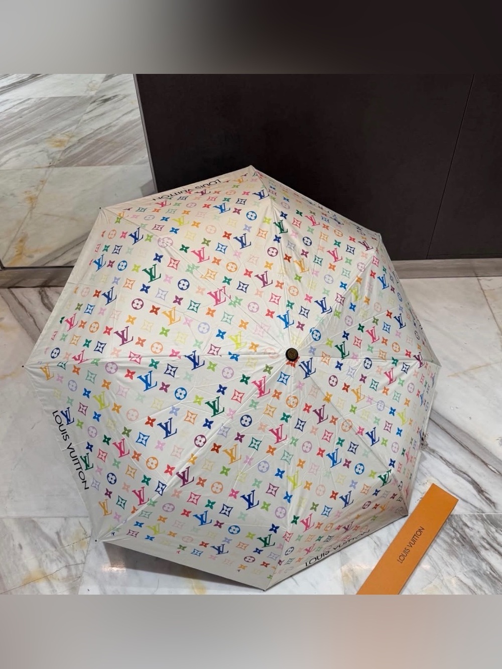 White Multicolor Monogram Folding Umbrella